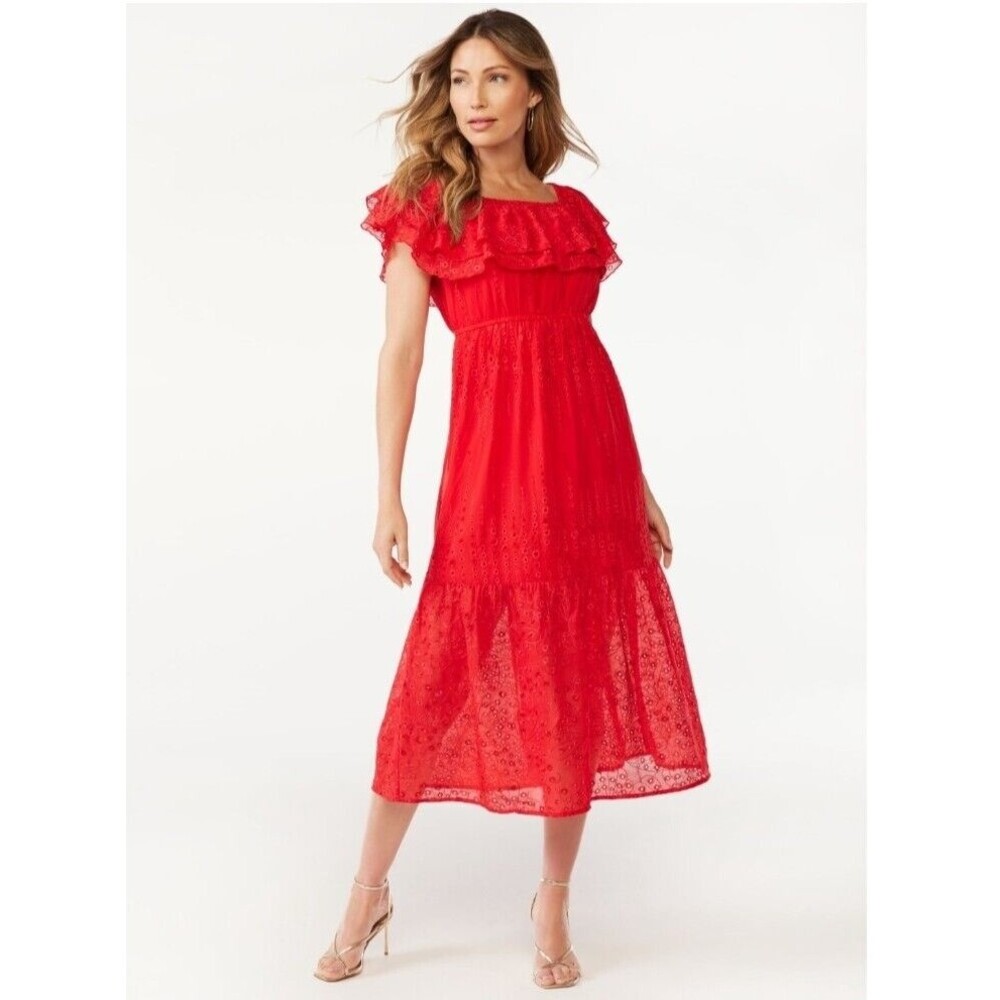 Red Ruffled Tiered Midi Sundress